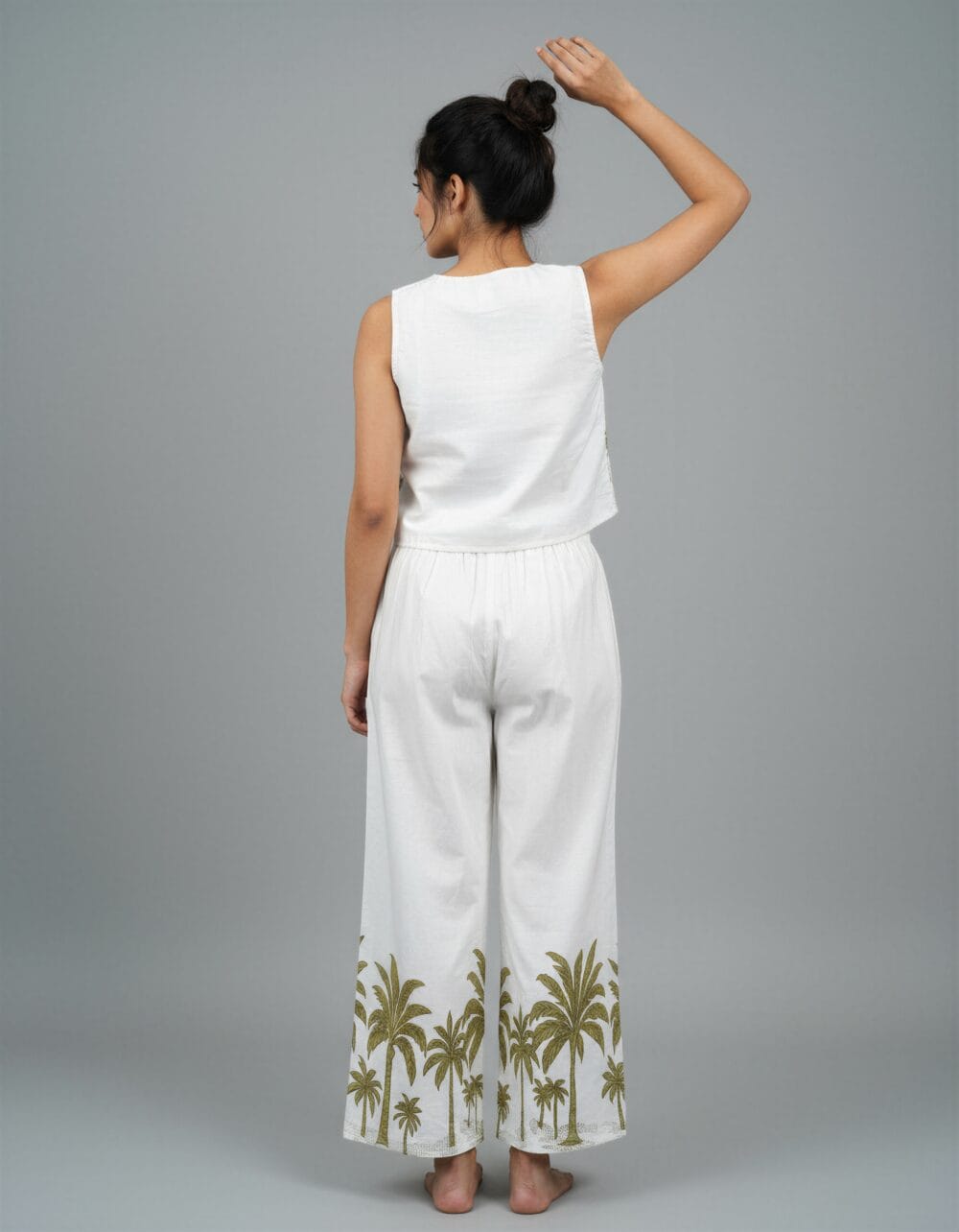 Women's white co-ord set with palm tree print – back view