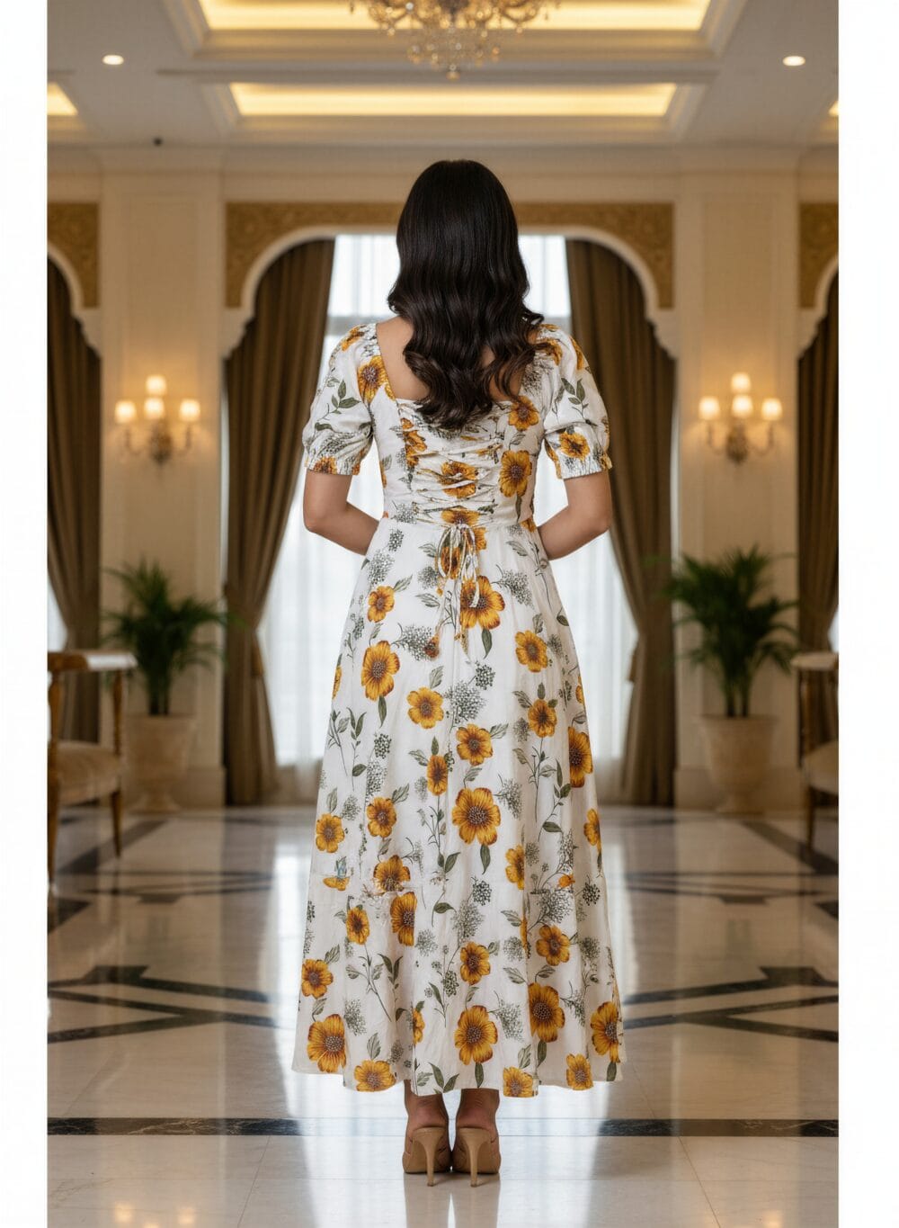 Women’s white floral maxi dress with yellow flower print and puff sleeves