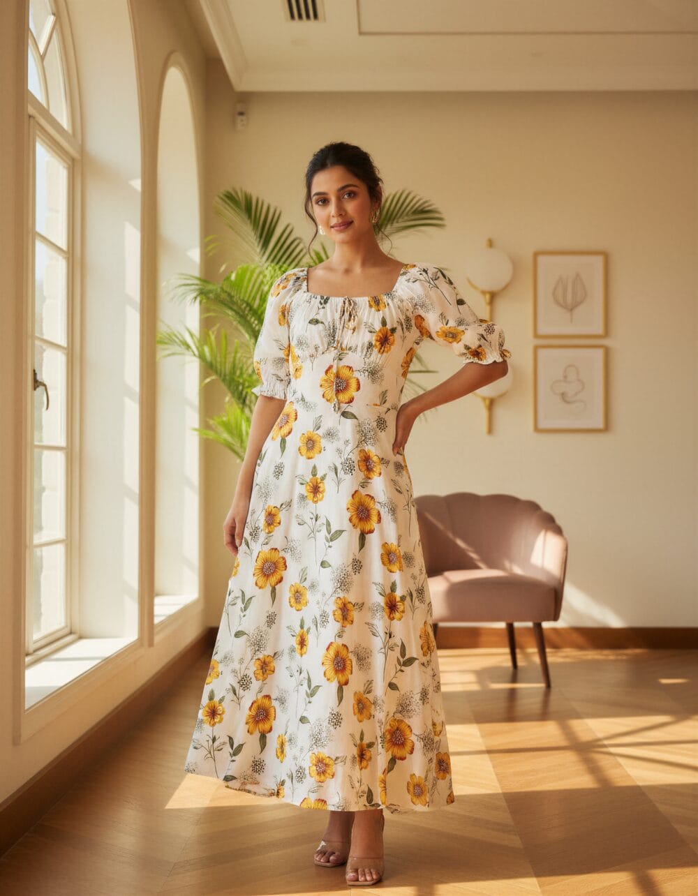 Women’s white floral maxi dress with yellow flower print and puff sleeves