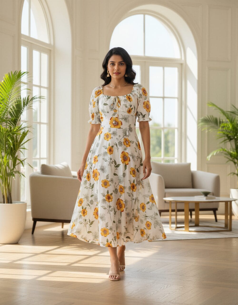 Women’s white floral maxi dress with yellow flower print and puff sleeves