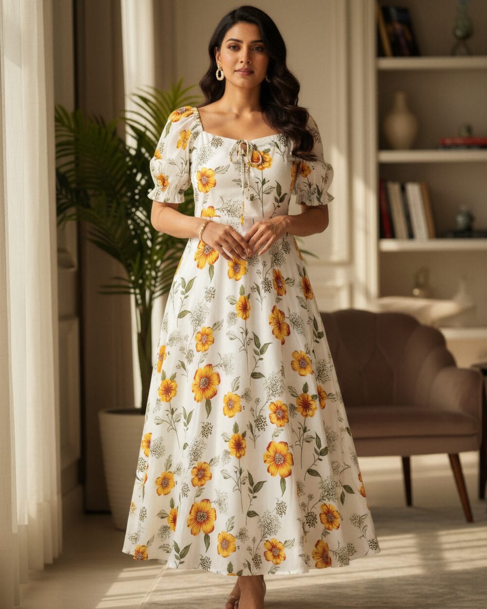 Women’s white floral maxi dress with yellow flower print and puff sleeves