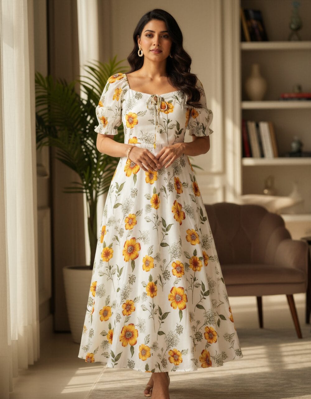Women’s white floral maxi dress with yellow flower print and puff sleeves