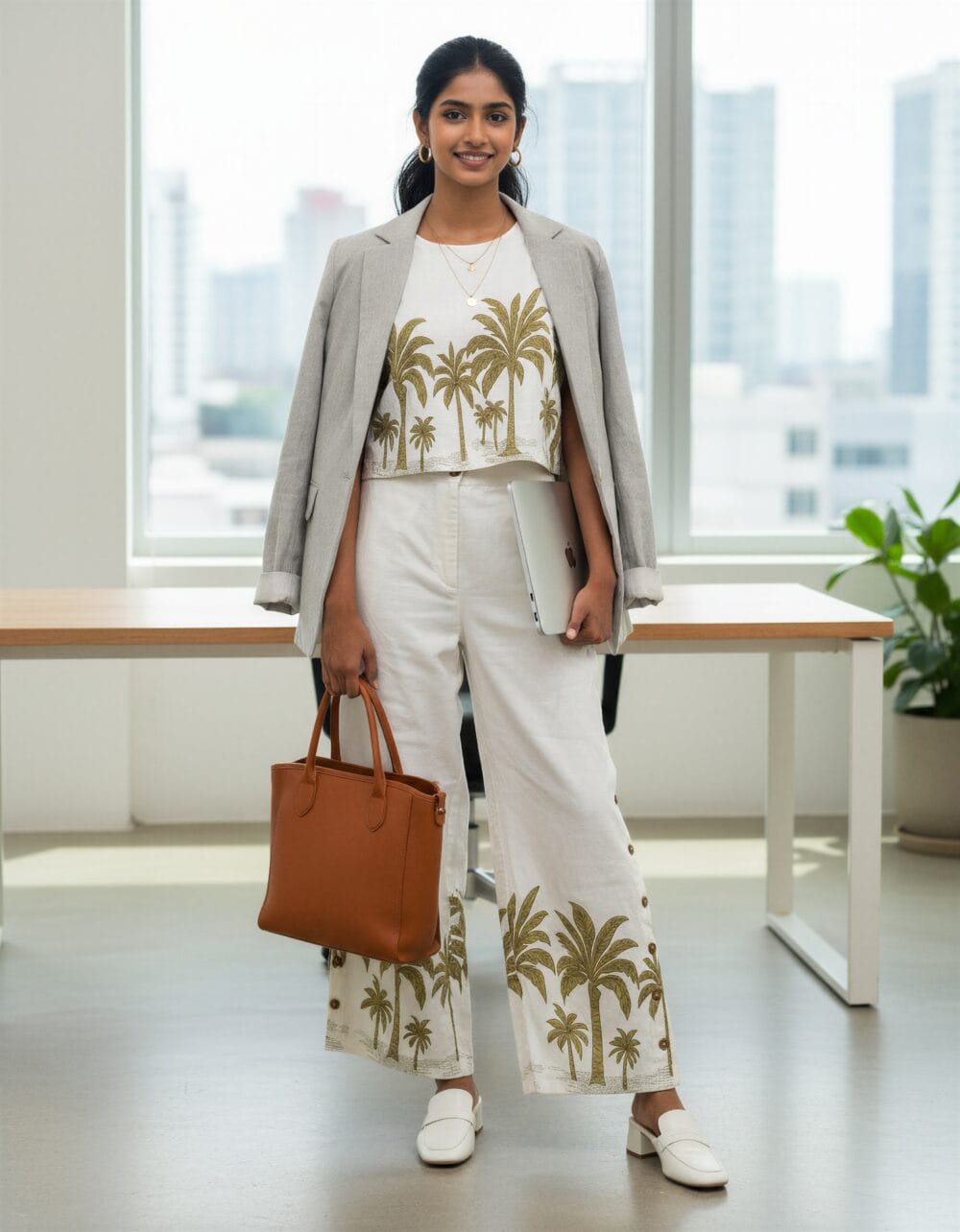 Women's white co-ord set with palm tree print – front view