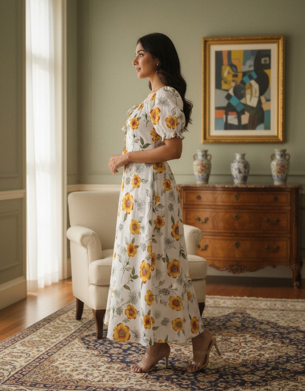 Women’s white floral maxi dress with yellow flower print and puff sleeves