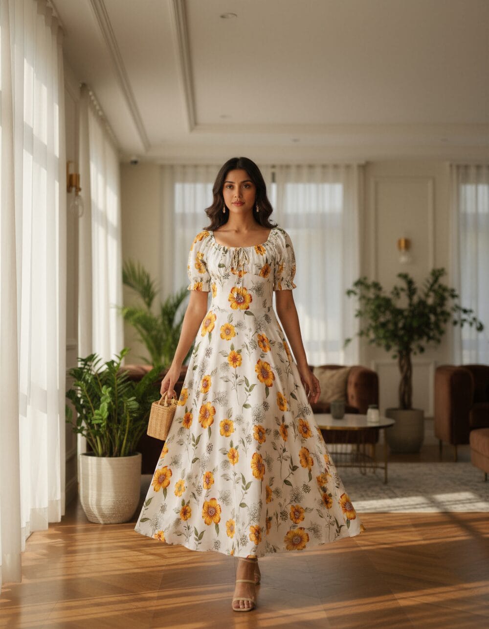 Women’s white floral maxi dress with yellow flower print and puff sleeves