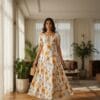 Women’s white floral maxi dress with yellow flower print and puff sleeves