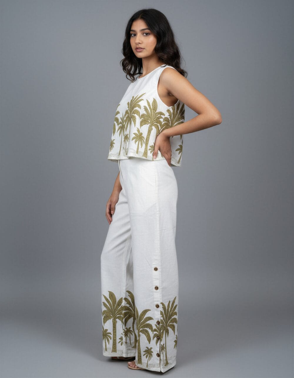 Women's white co-ord set with palm tree print – side view