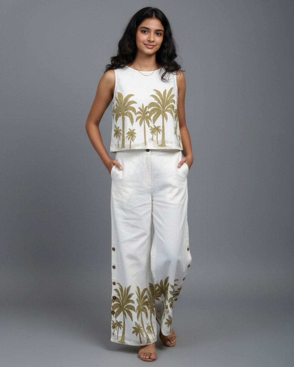Women's white co-ord set with palm tree print – front view