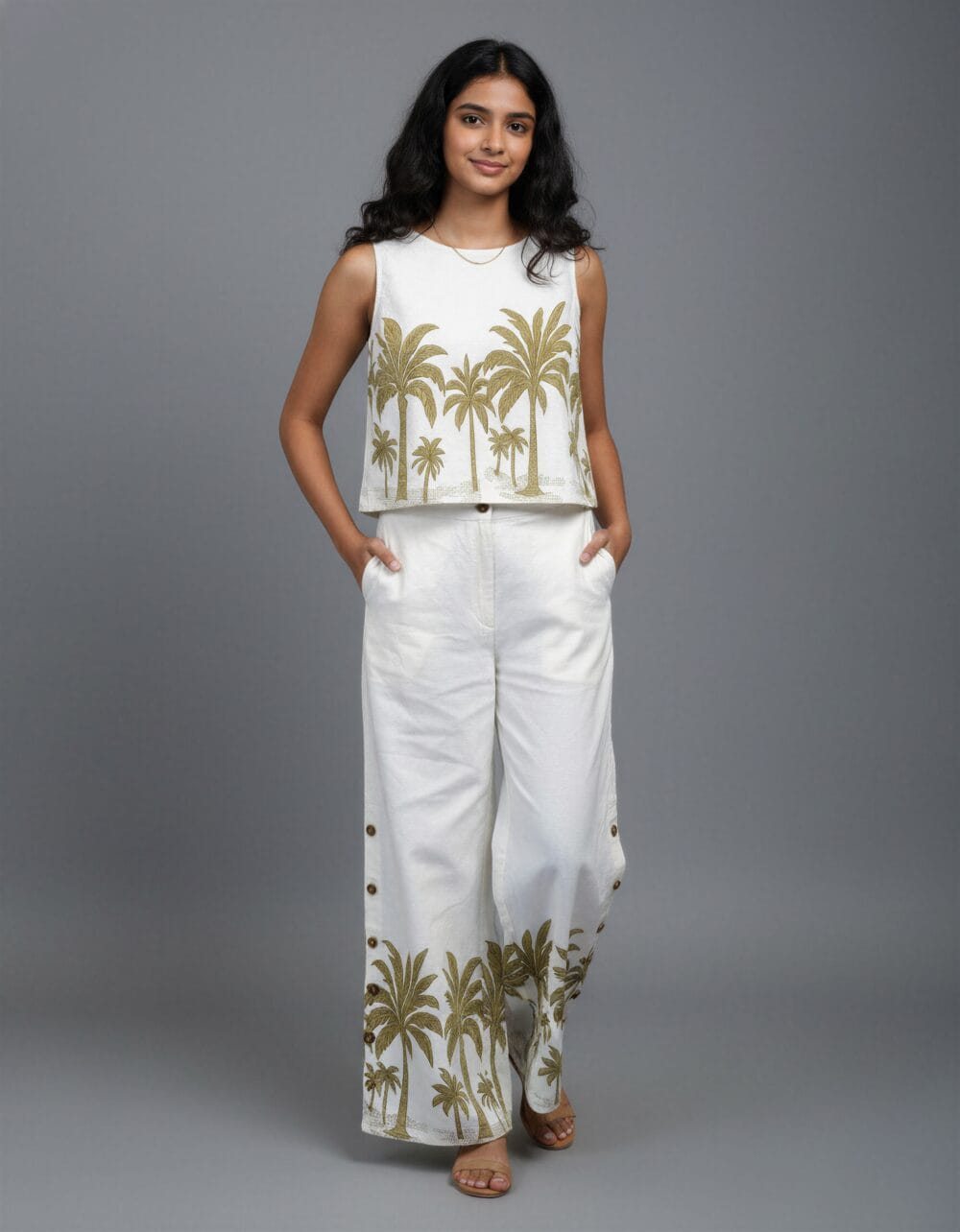 Women's white co-ord set with palm tree print – front view