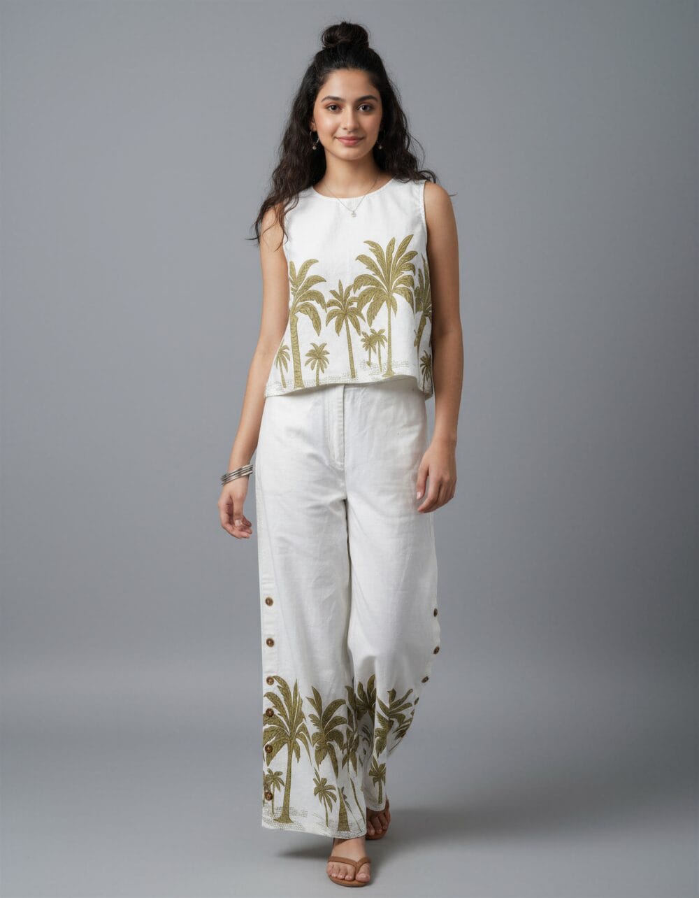 Women's white co-ord set with palm tree print – front view