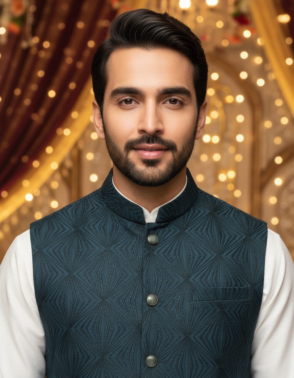 Close-up of a man wearing a teal textured Nehru jacket with a mandarin collar, bronze buttons, and a pocket square; ideal for formal ethnic and festive attire.