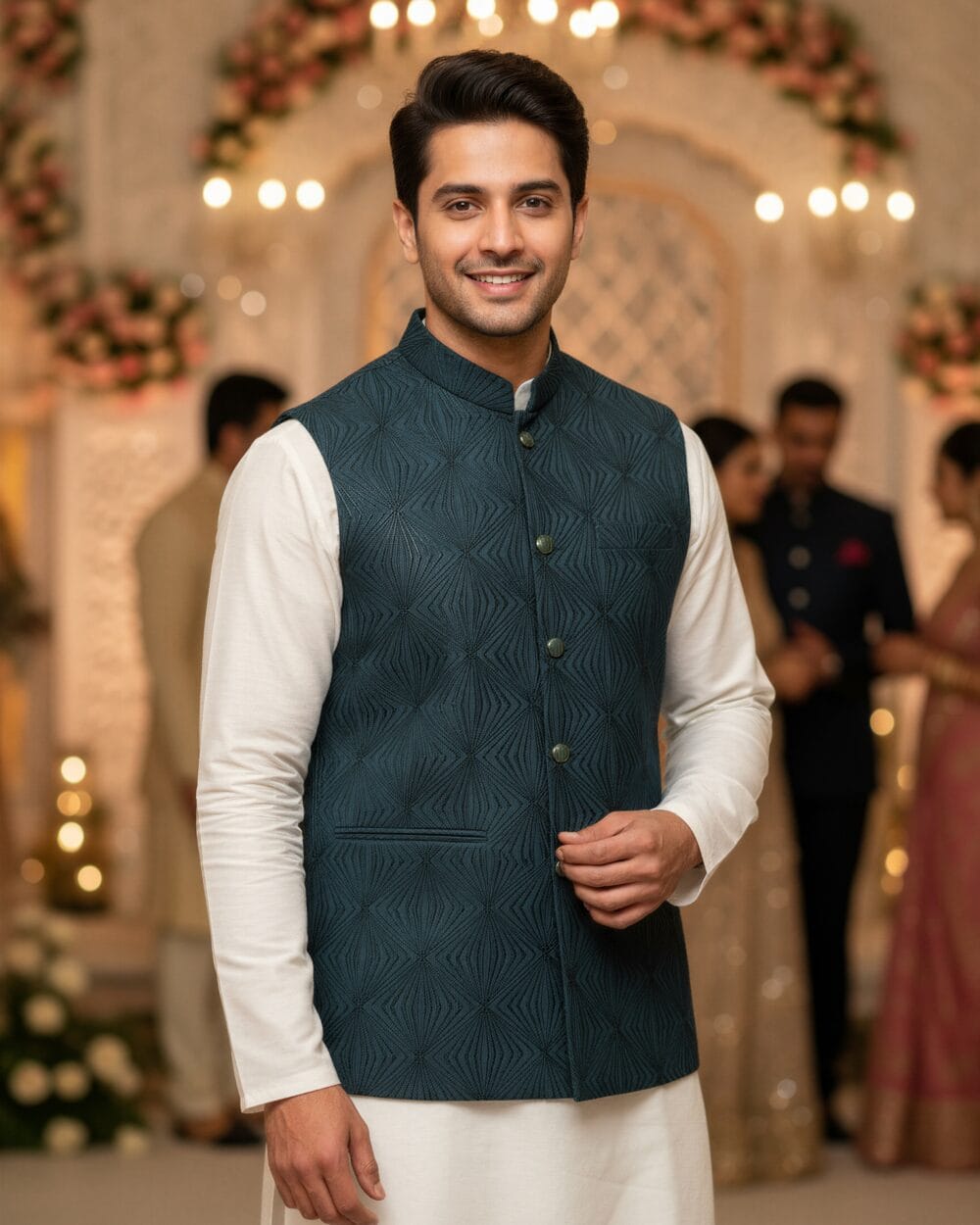 Close-up of a man wearing a teal textured Nehru jacket with a mandarin collar, bronze buttons, and a pocket square; ideal for formal ethnic and festive attire.