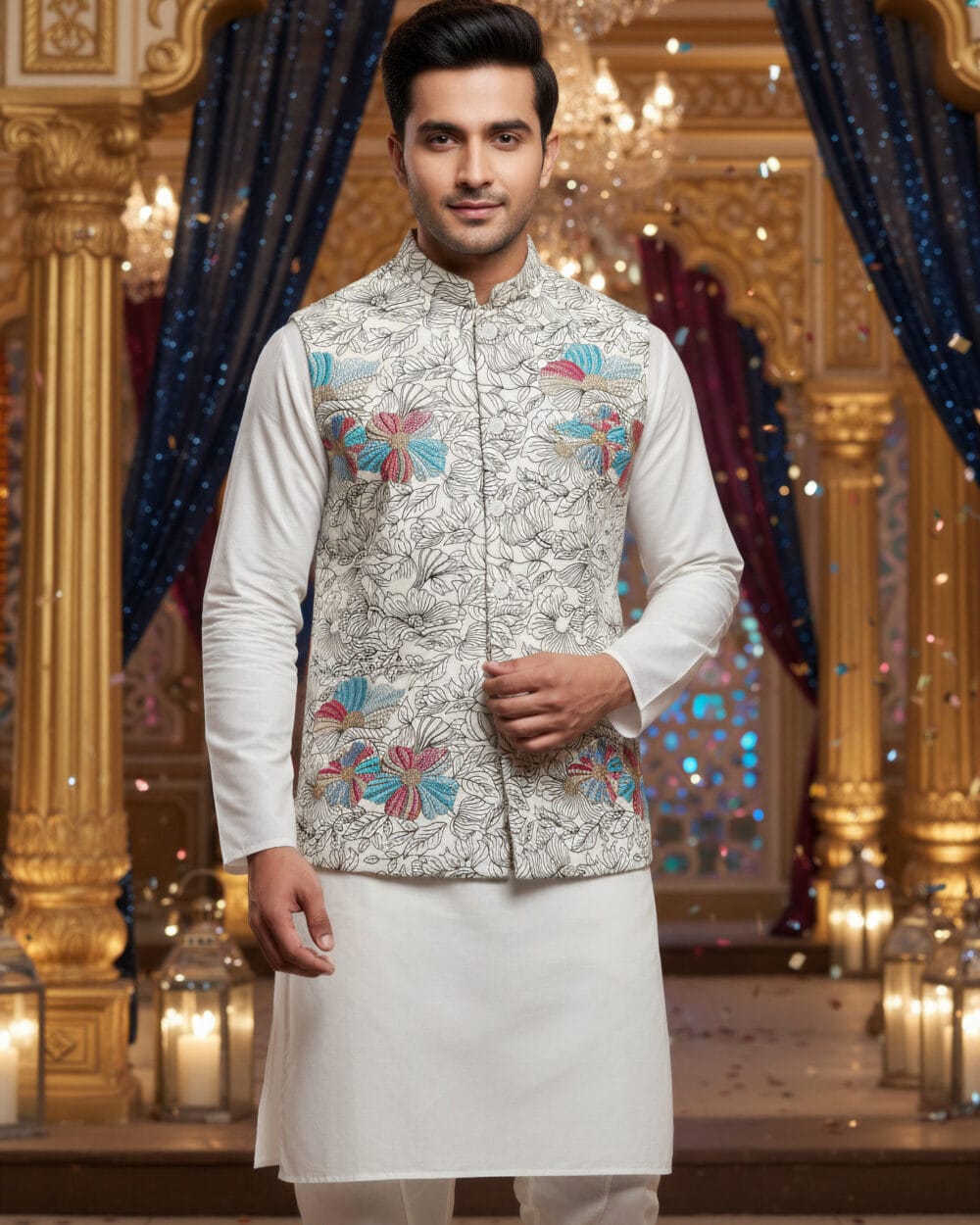 Man wearing a white designer Nehru jacket with colorful floral embroidery over a plain white kurta, styled for a modern festive event.