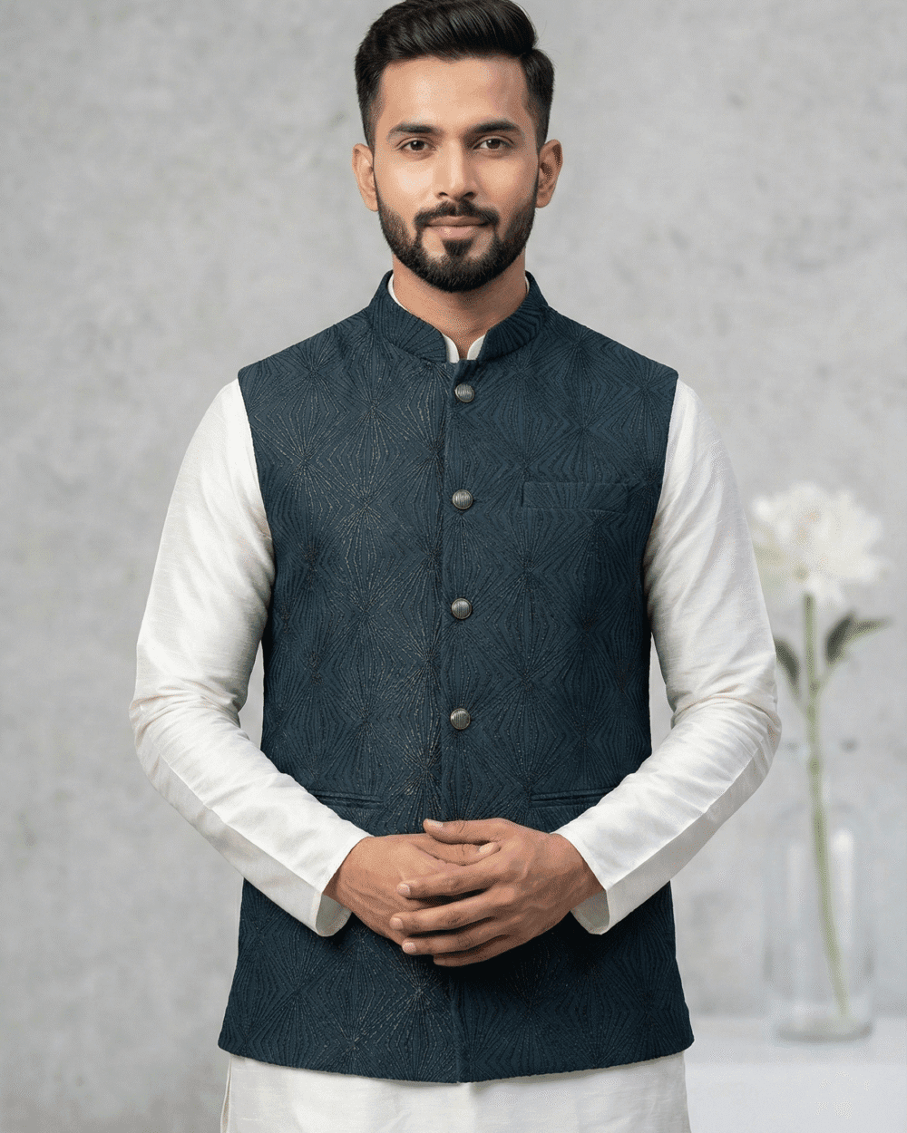 Teal Jacquard Nehru Jacket