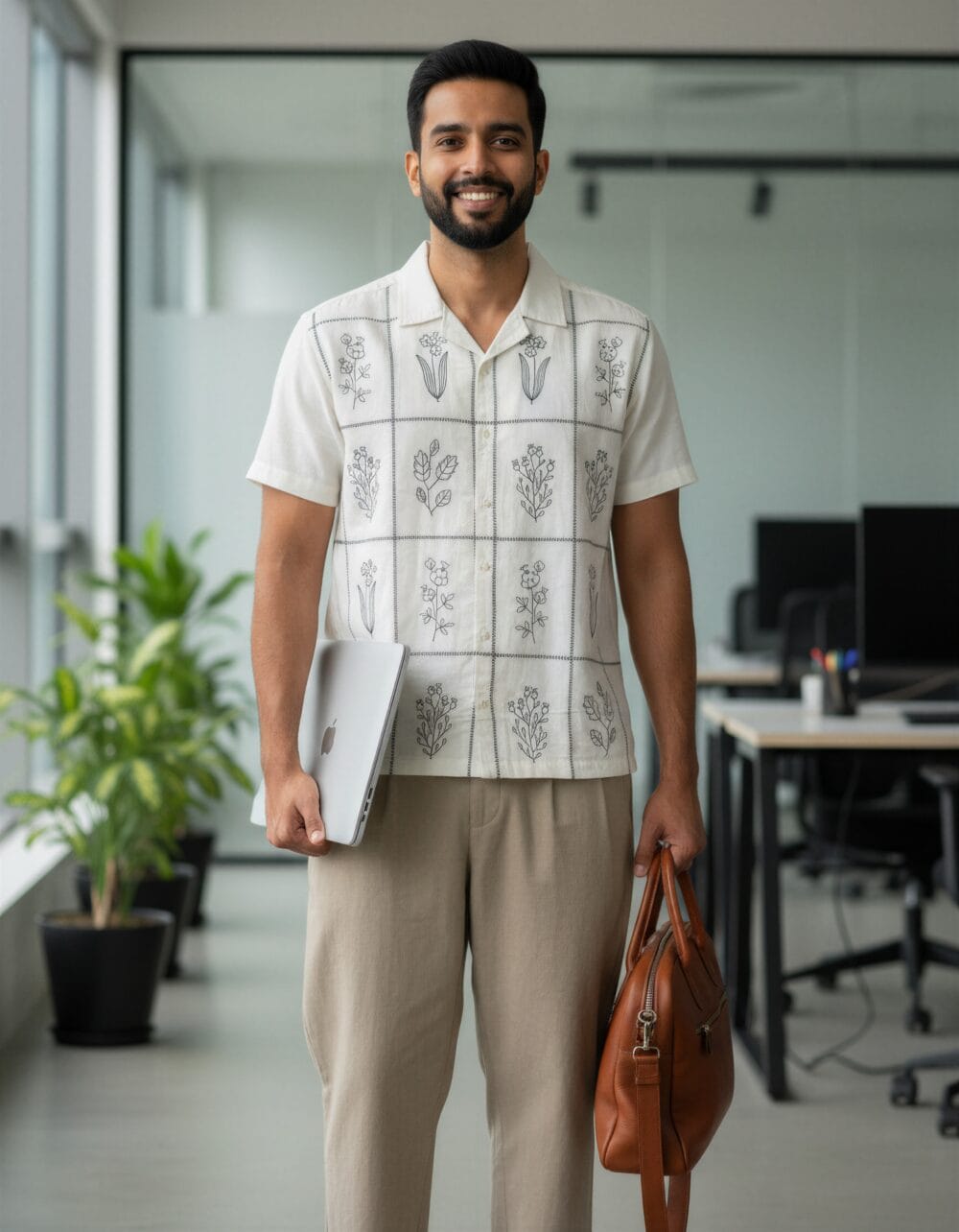 Men's white short-sleeve shirt with black floral embroidery, camp collar, and relaxed fit – front, close-up, and back view.