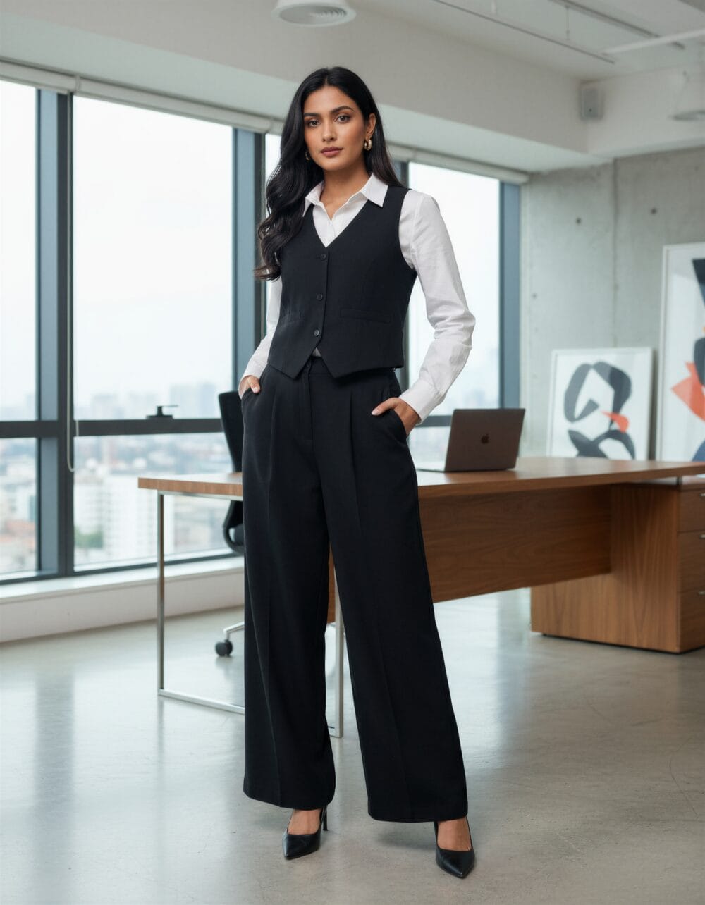 Black waistcoat and straight pant set for women – formal office wear and corporate interview outfit by Its Moment