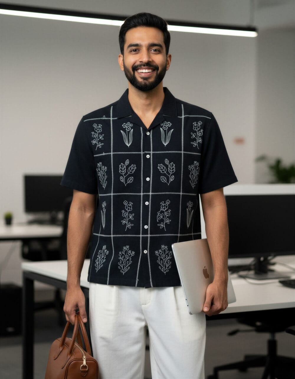 Its Moment black half sleeve relaxed fit men's shirt with floral linework Embroidery, office wear and casual shirt for men