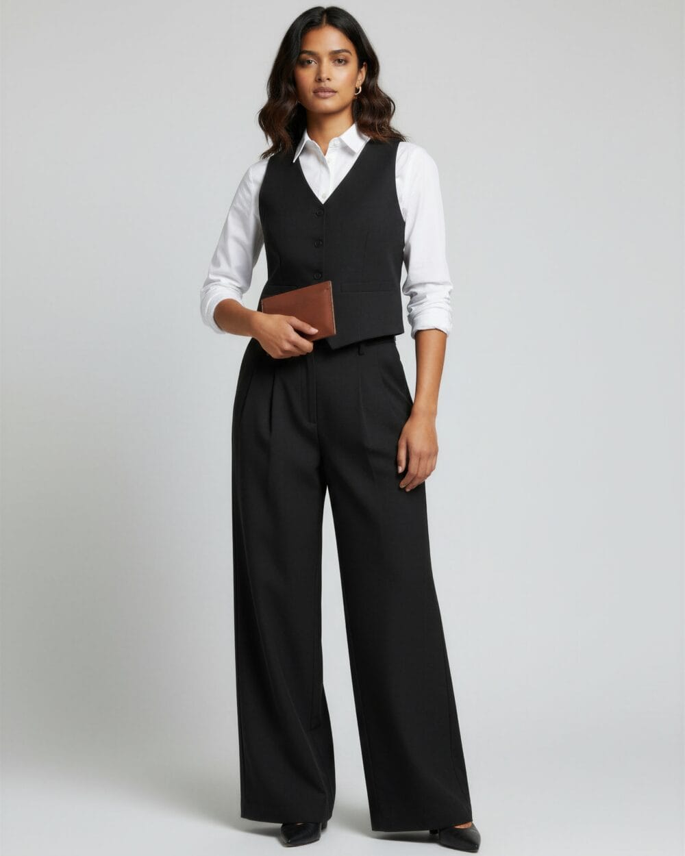 Black waistcoat and straight pant set for women – formal office wear and corporate interview outfit by Its Moment