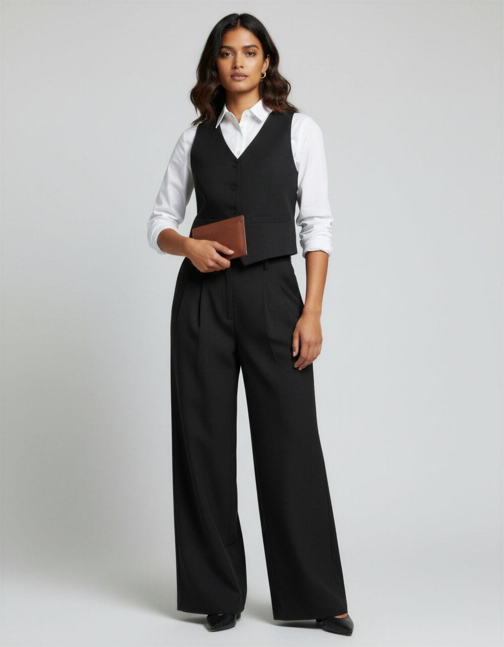 Black waistcoat and straight pant set for women – formal office wear and corporate interview outfit by Its Moment