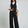 Black waistcoat and straight pant set for women – formal office wear and corporate interview outfit by Its Moment