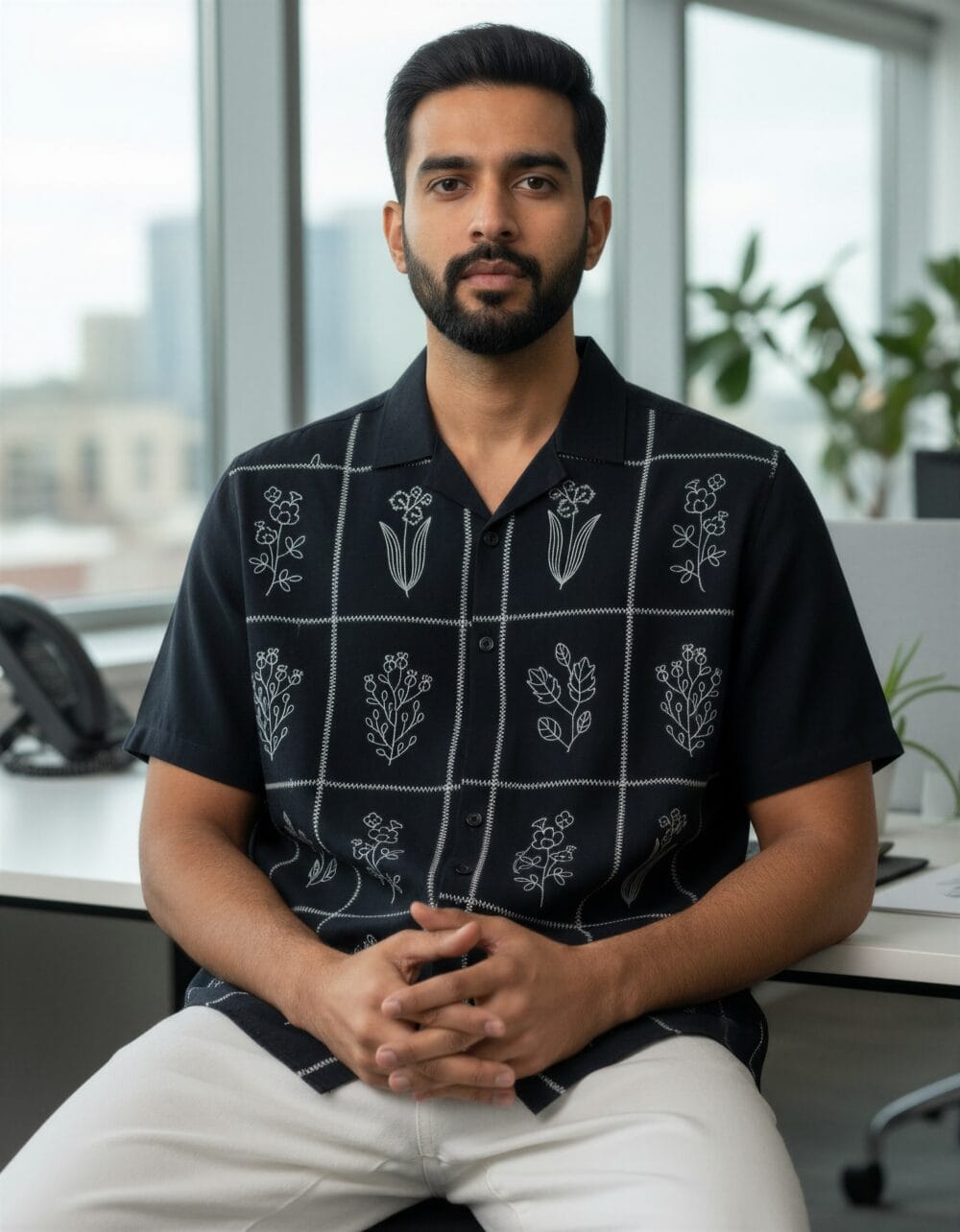 Its Moment black half sleeve relaxed fit men's shirt with floral linework Embroidery, office wear and casual shirt for men