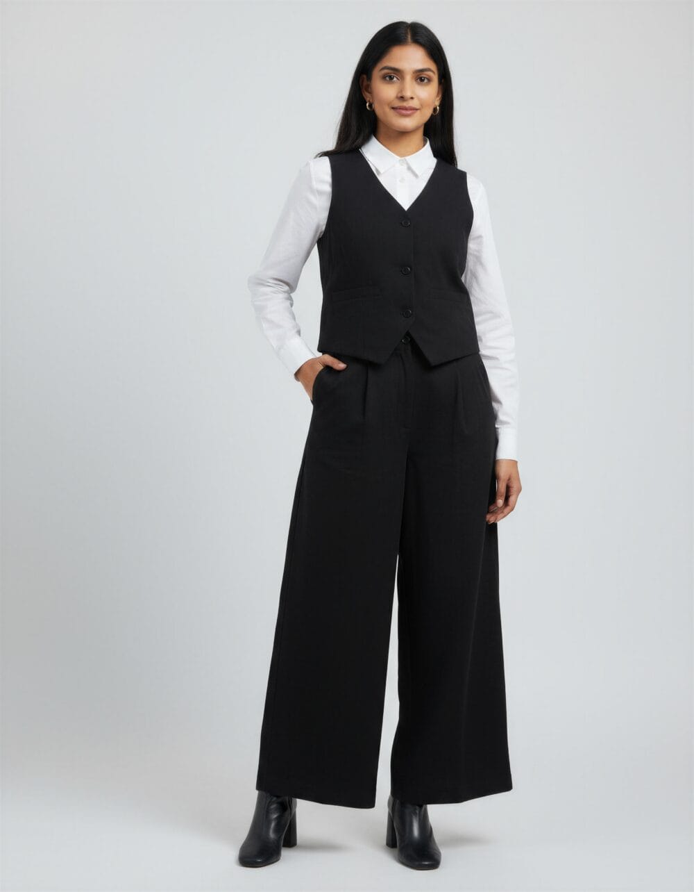 Black waistcoat and straight pant set for women – formal office wear and corporate interview outfit by Its Moment
