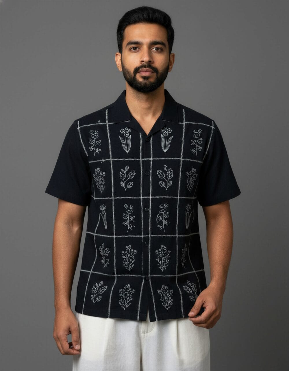 Its Moment black half sleeve relaxed fit men's shirt with floral linework Embroidery, office wear and casual shirt for men