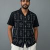 Its Moment black half sleeve relaxed fit men's shirt with floral linework Embroidery, office wear and casual shirt for men