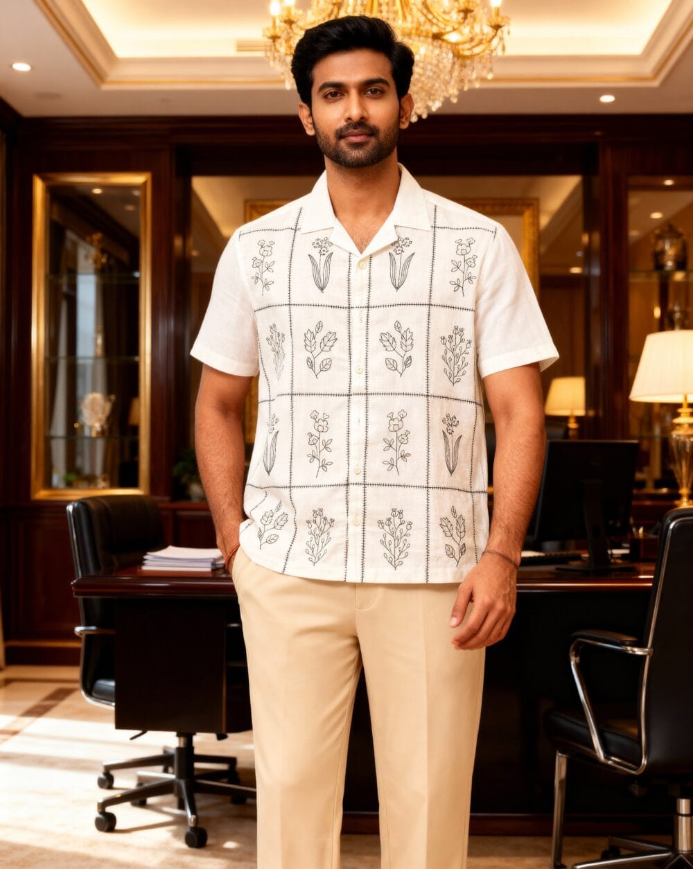 Men's white short-sleeve shirt with black floral embroidery, camp collar, and relaxed fit – front, close-up, and back view.